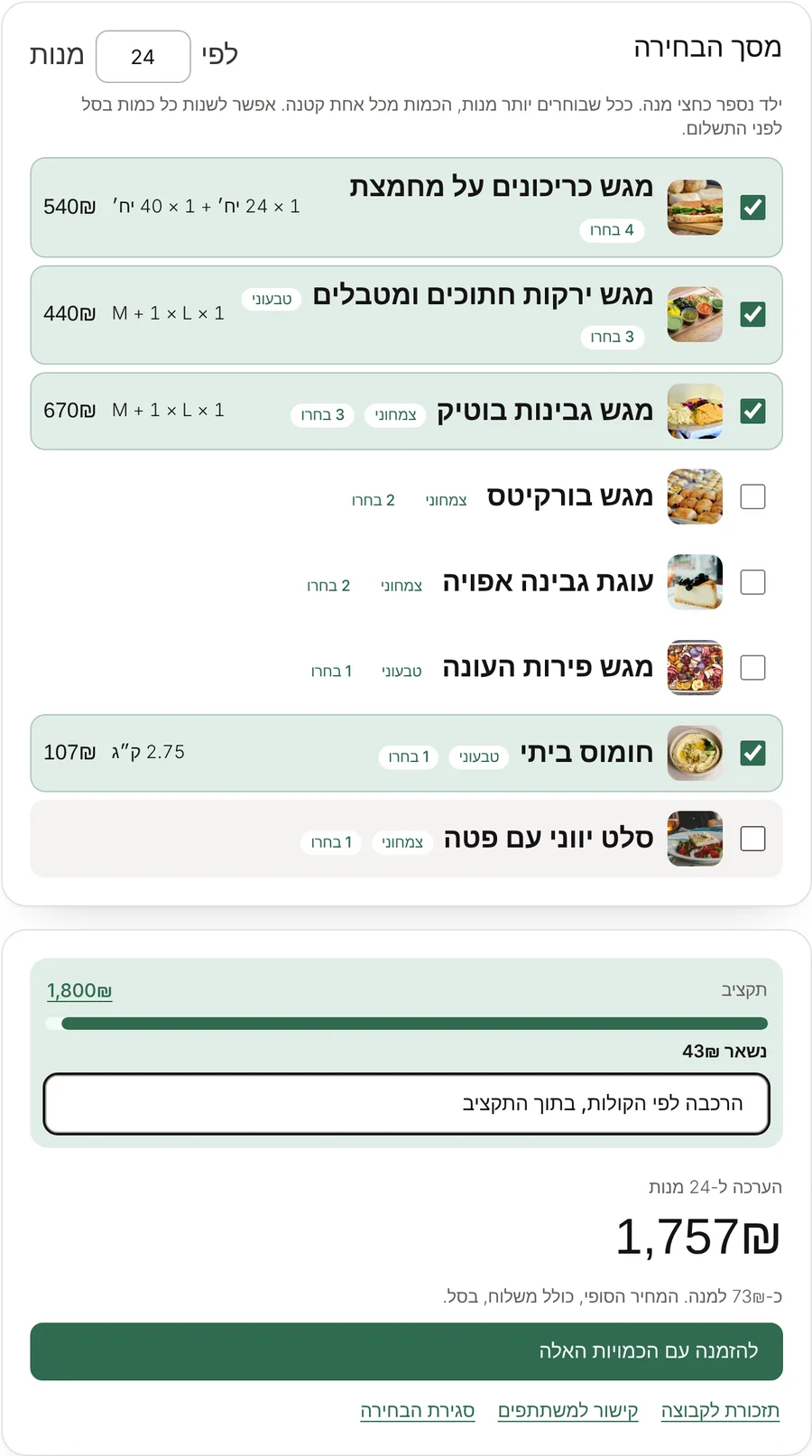 מסך המארגן בהזמנה קבוצתית ב-RING עם הבחירות של המשתתפים